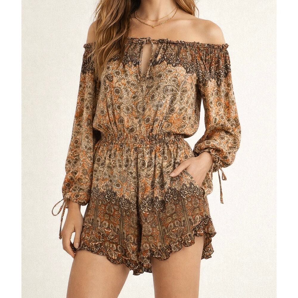 Free People So Divine Boho Floral Off The Shoulder Romper Peasant Sleeve Size XS